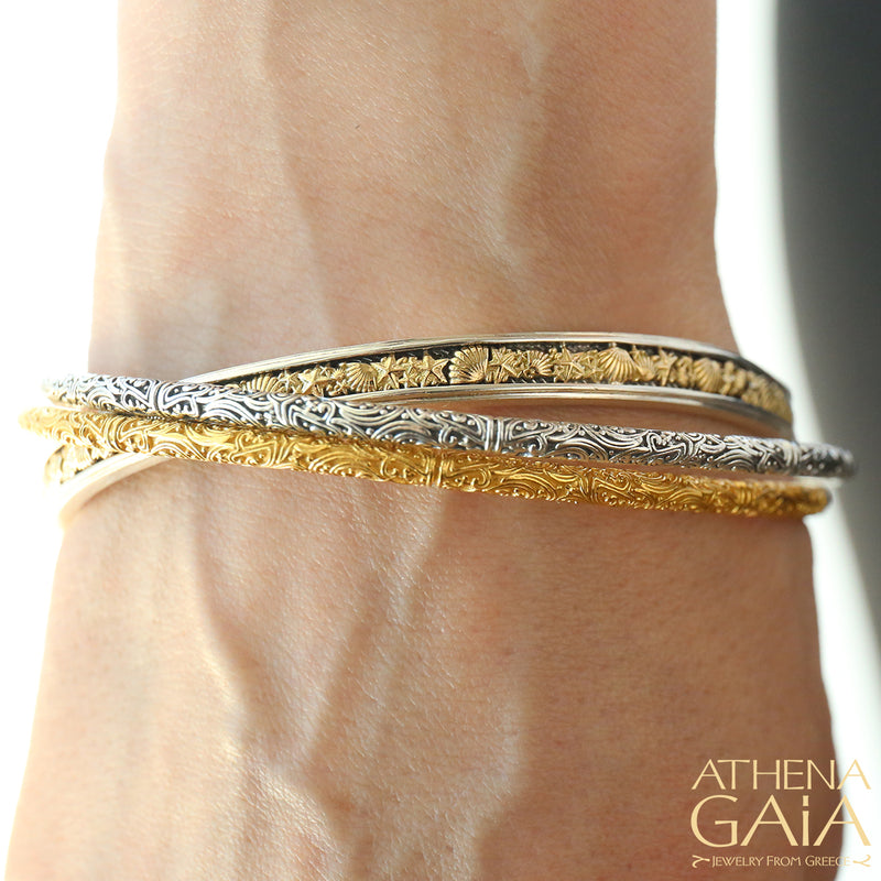 Thalassa Seashells Bracelet - 18k Gold and Sterling Silver - Solid Bangle Bracelet