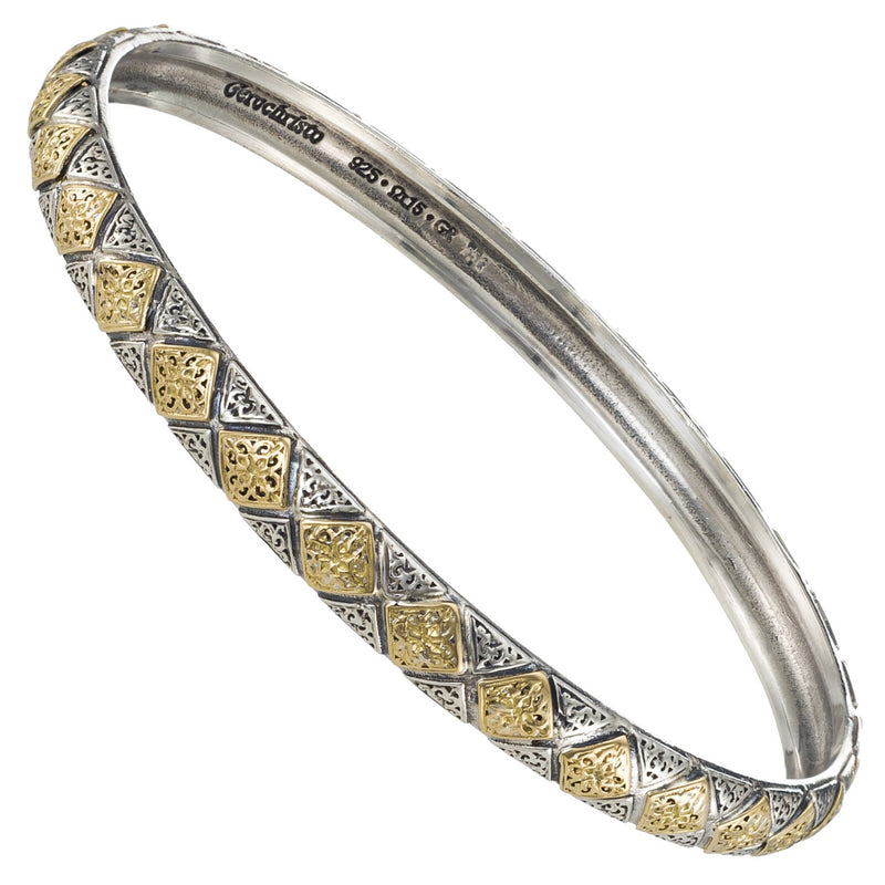 Thin Byzantine Checker Bangle Bracelet - Solid 18k Gold & Sterling Silver