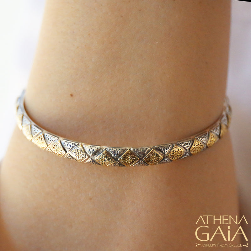 Thin Byzantine Checker Bangle Bracelet - Solid 18k Gold & Sterling Silver