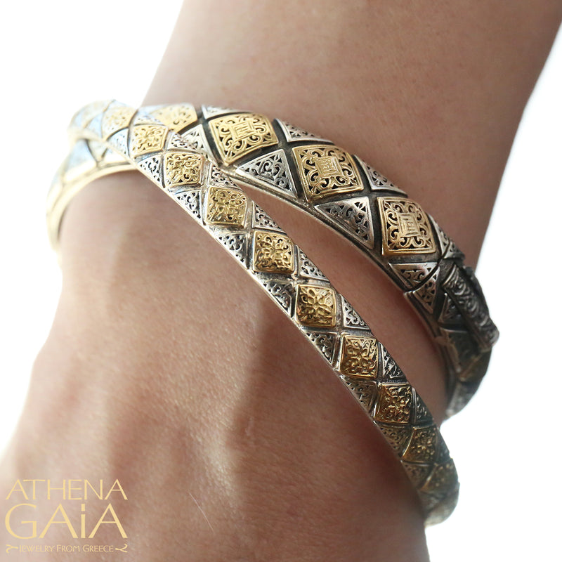 Thin Byzantine Checker Bangle Bracelet - Solid 18k Gold & Sterling Silver