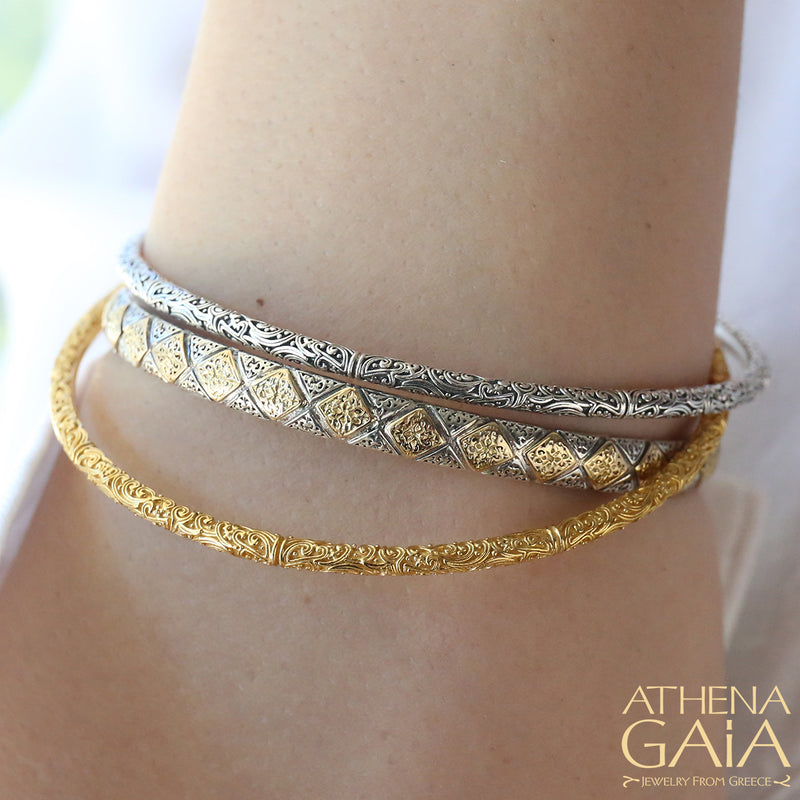 Thin Byzantine Checker Bangle Bracelet - Solid 18k Gold & Sterling Silver