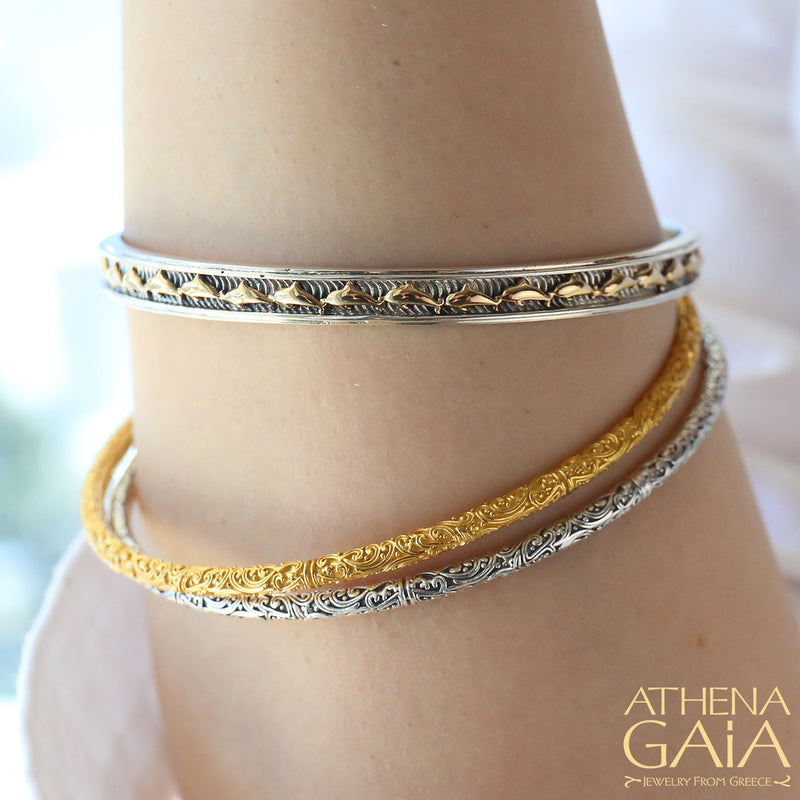 Thalassa Dolphin Bracelet - 18k Gold and Sterling Silver - Solid Bangle Bracelet