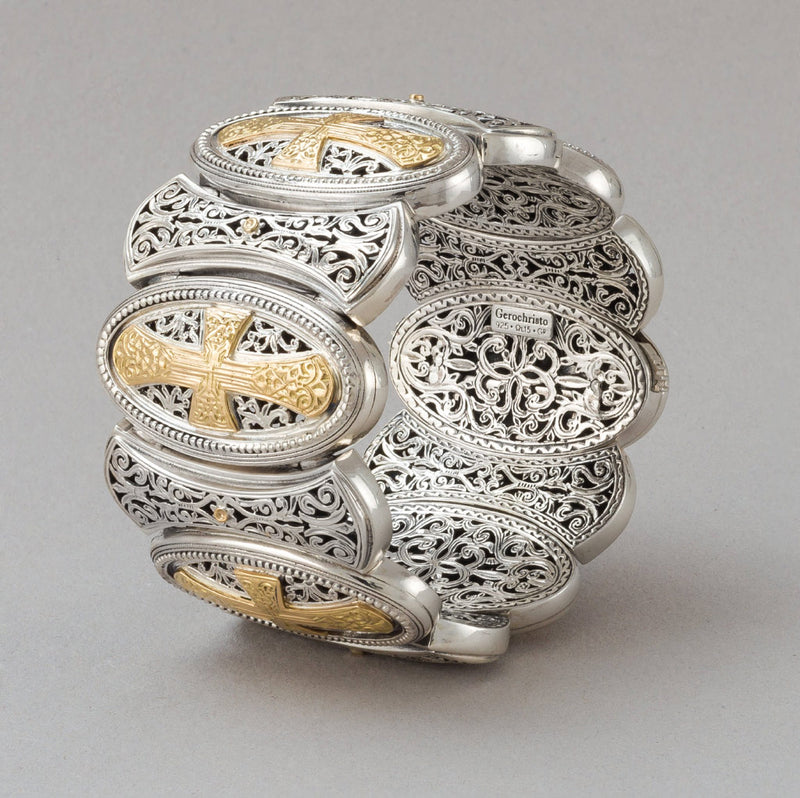 Gerochristo Crosses Wide Link Bracelet - 18k Gold & Sterling Silver Bracelet - Cuff Bracelet