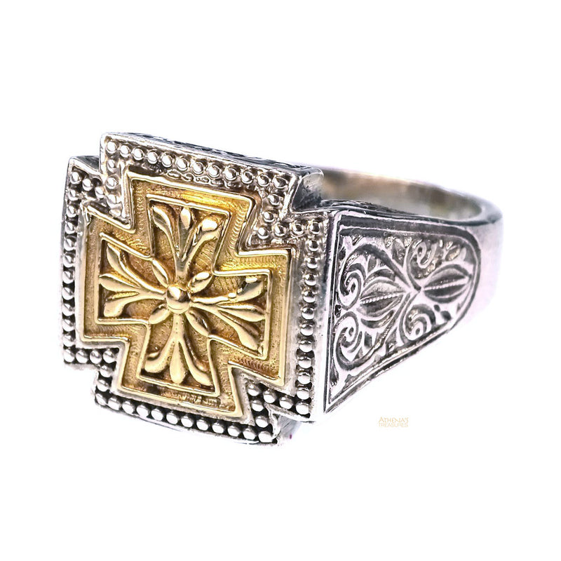 Eastern Cross Ring - 18k Gold & Sterling Silver Ring - Signet Ring