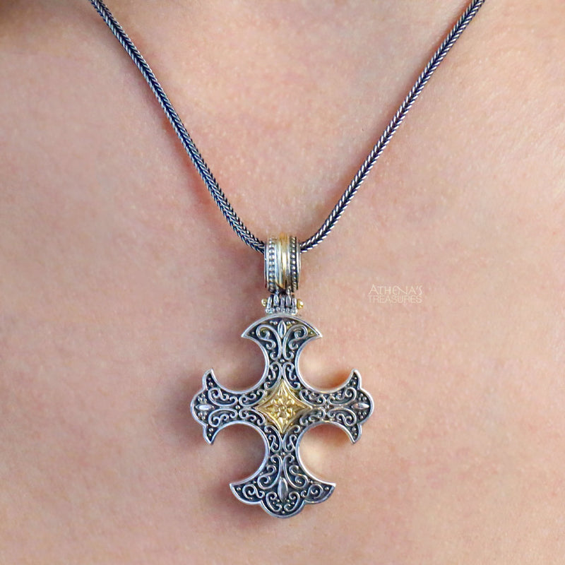 Gold Center Flared Western Cross - 18k Gold and Sterling Silver - Cross Necklace