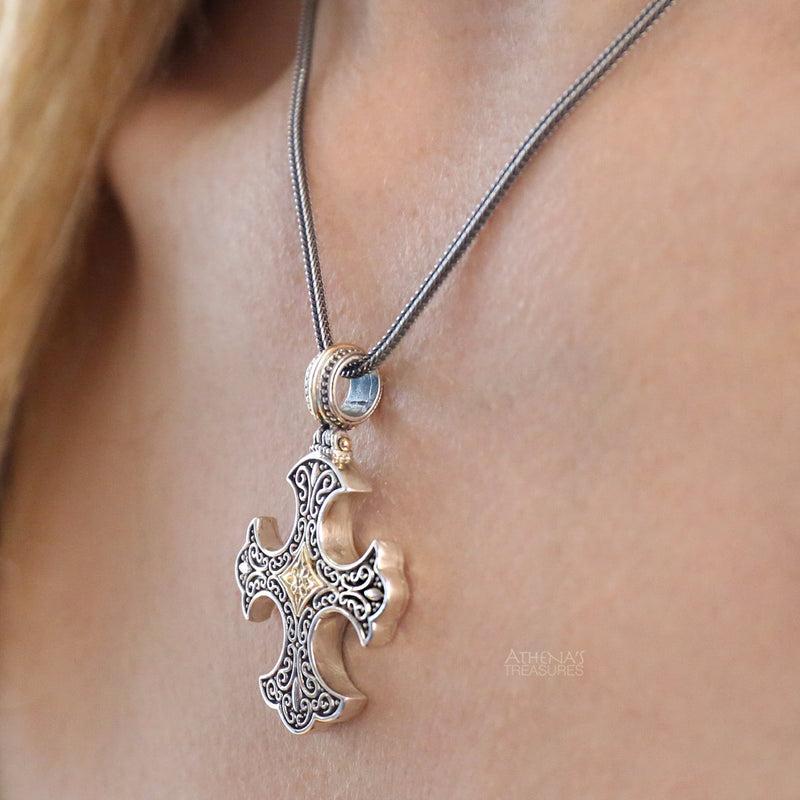 Gold Center Flared Western Cross - 18k Gold and Sterling Silver - Cross Necklace