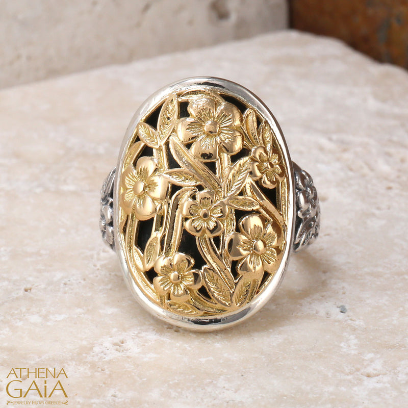 Meadow Shadows Long Oval Ring - 18k Gold & Sterling Silver Ring - Cocktail Ring