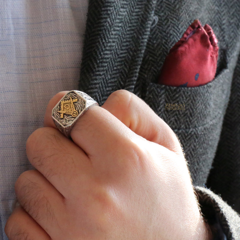 Freemason Masonic Ring - 18k Gold & Sterling Silver Ring - Signet Ring
