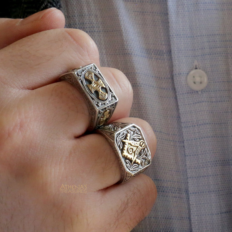 Freemason Masonic Ring - 18k Gold & Sterling Silver Ring - Signet Ring