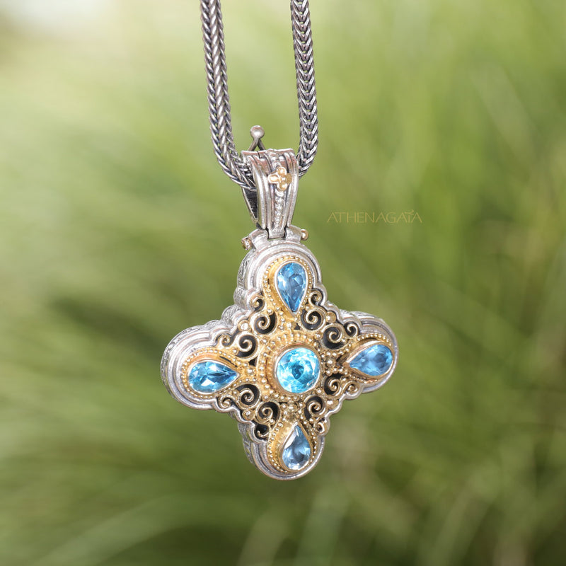 Meteora Greek Cross - 18k Gold and Sterling Silver - Cross Necklace