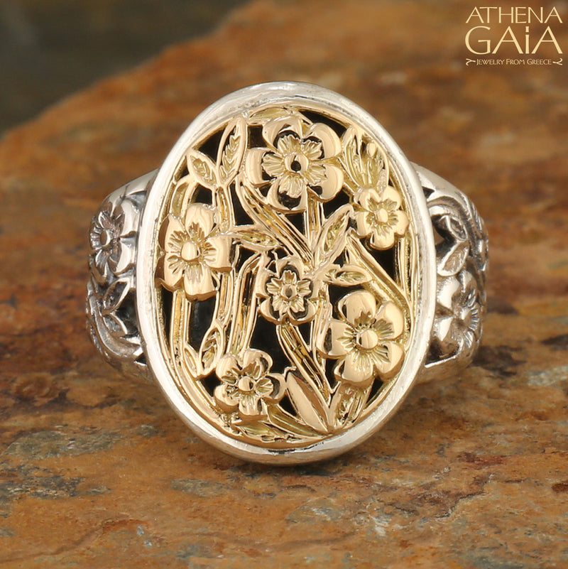 Meadow Shadows Wide Band Oval Ring - 18k Gold & Sterling Silver Ring - Cocktail Ring