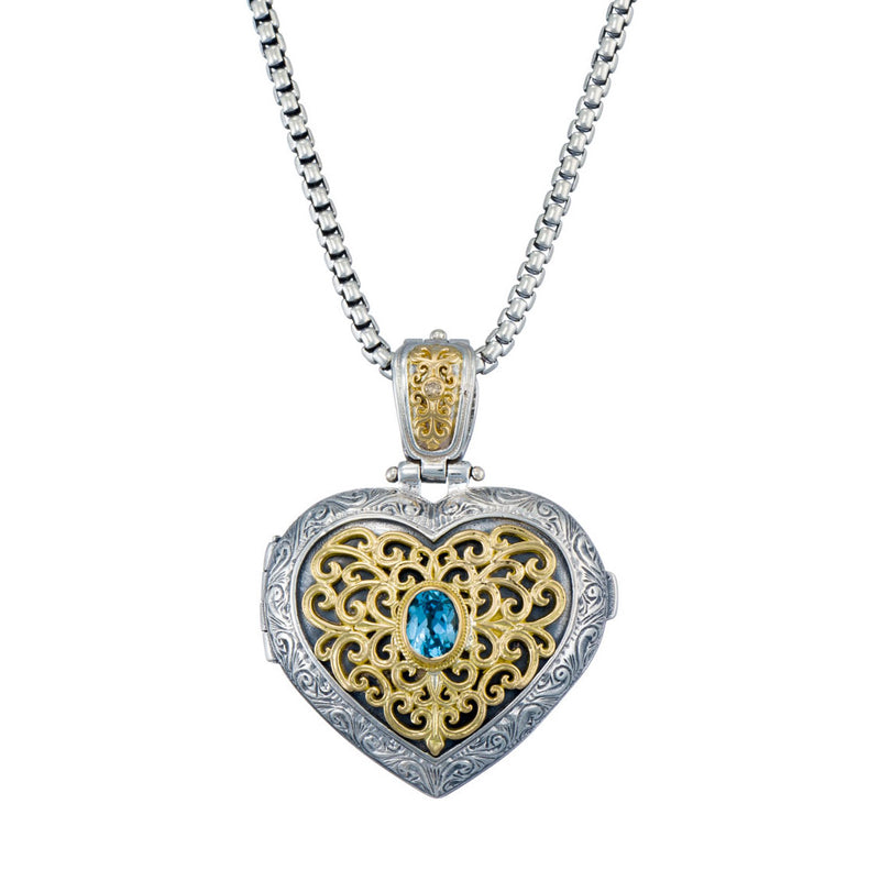 Mediterranean Stone Heart Locket Pendant (Large) - 18k Gold & Sterling Silver Pendant