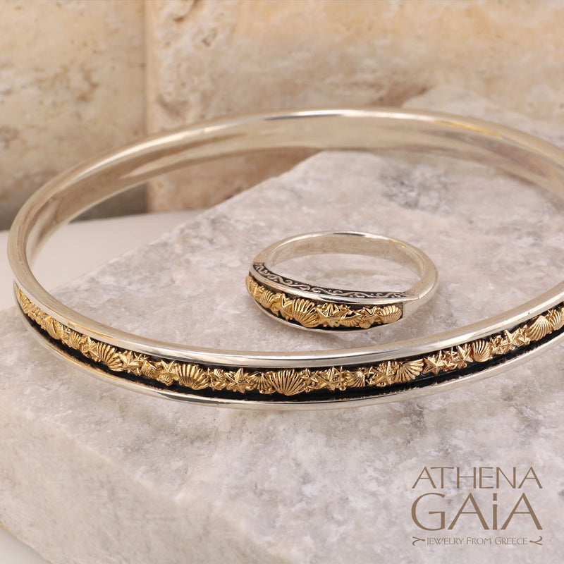Thalassa Seashells Bracelet - 18k Gold and Sterling Silver - Solid Bangle Bracelet