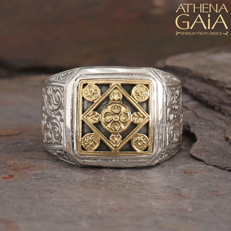 Monastiraki Church Stars Above Club Ring - 18k Gold & Sterling Silver Ring - Signet Ring