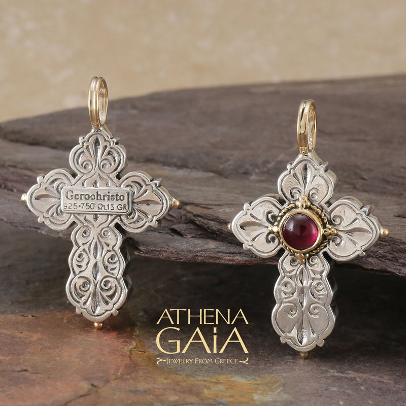 Rustic Center Stone Orthodox Cross- 18k Gold and Sterling Silver - Cross Necklace