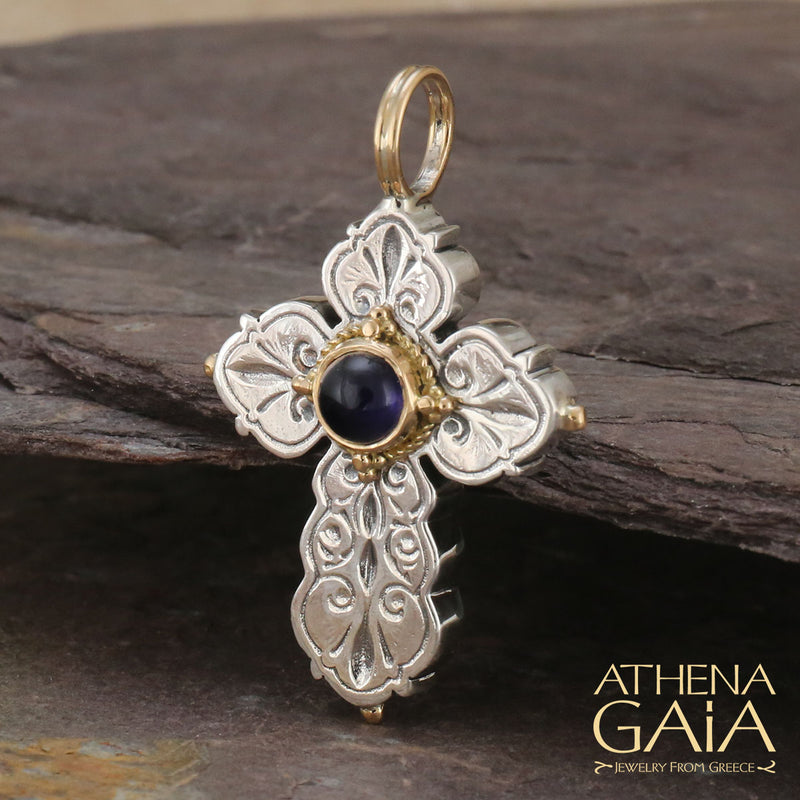 Rustic Center Stone Orthodox Cross- 18k Gold and Sterling Silver - Cross Necklace