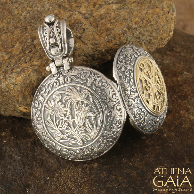 Chi Rho Cross Round Locket Pendant - 18k Gold & Sterling Silver Pendant