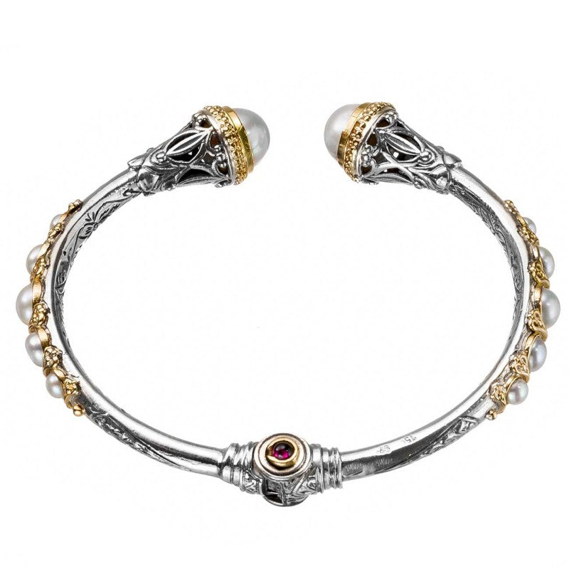 Santorini Pearl Sided Bracelet - 18k Gold and Sterling Silver - Hinged Bangle Bracelet