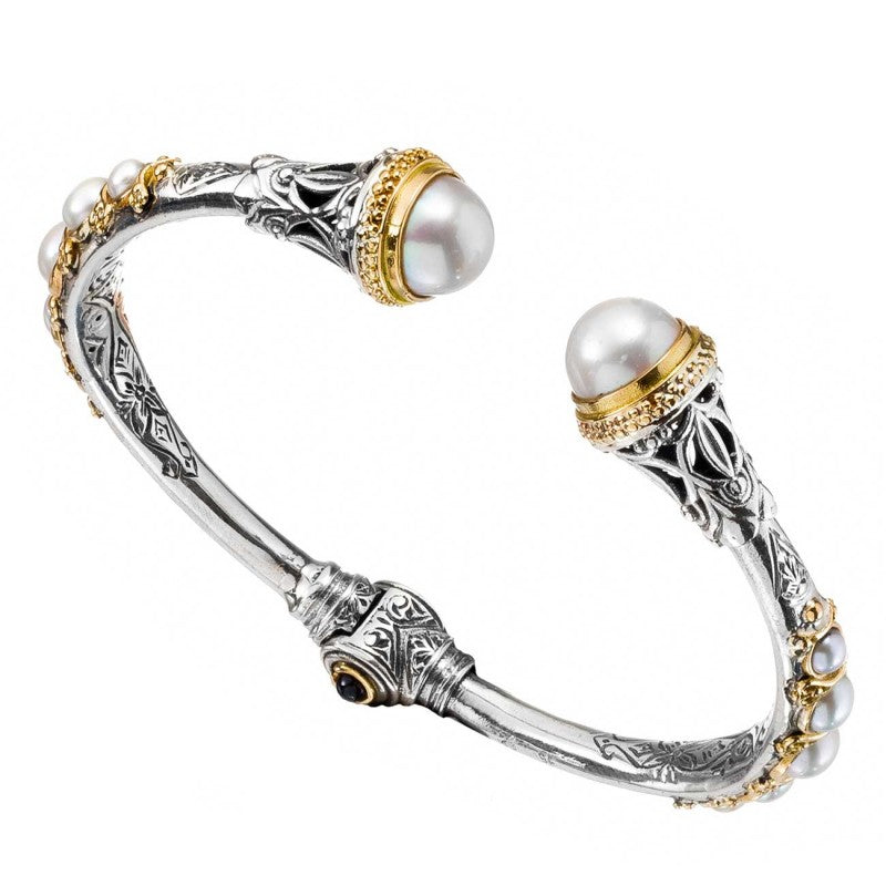 Santorini Pearl Sided Bracelet - 18k Gold and Sterling Silver - Hinged Bangle Bracelet