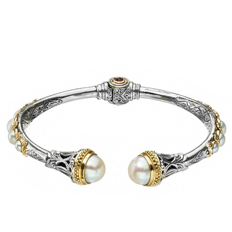 Santorini Pearl Sided Bracelet - 18k Gold and Sterling Silver - Hinged Bangle Bracelet