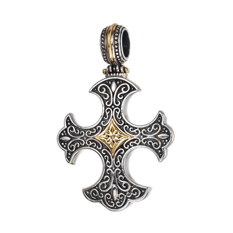 Gold Center Flared Western Cross - 18k Gold and Sterling Silver - Cross Necklace