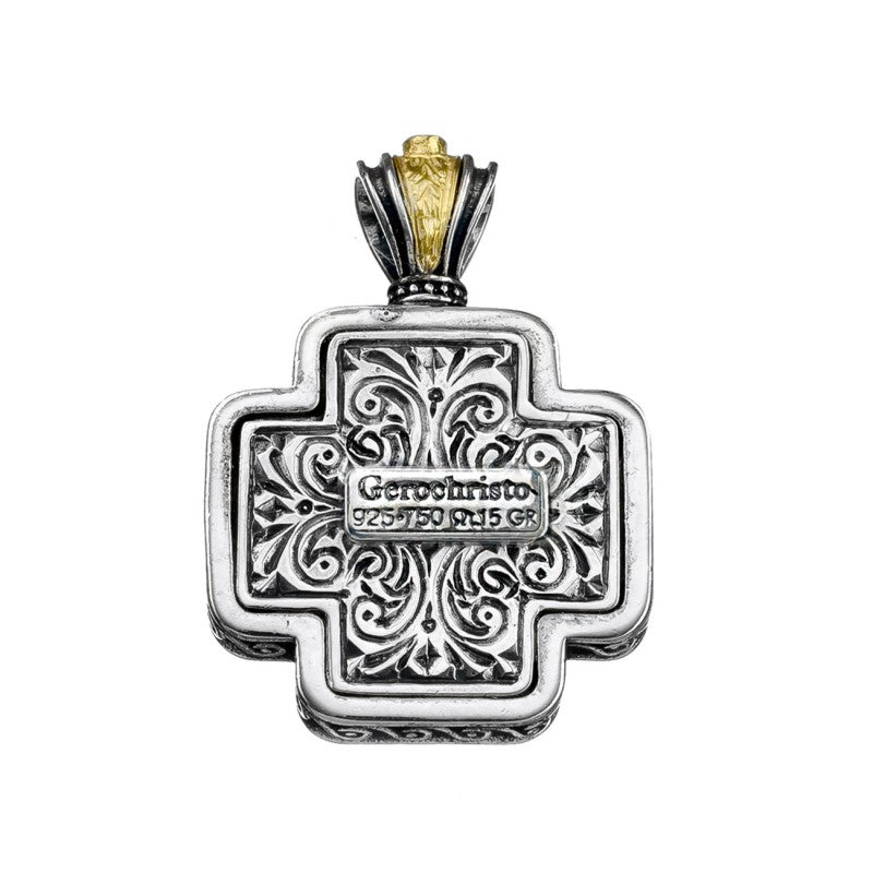 Floral Squared Greek Cross - 18k Gold & Sterling Silver - Orthodox Cross Necklace