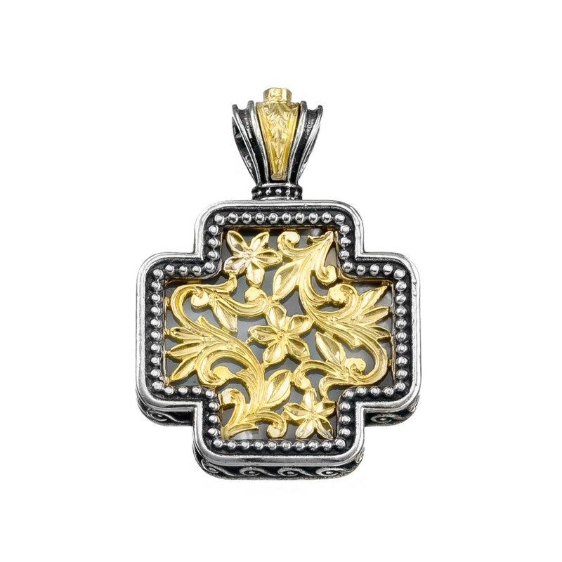 Floral Squared Greek Cross - 18k Gold & Sterling Silver - Orthodox Cross Necklace