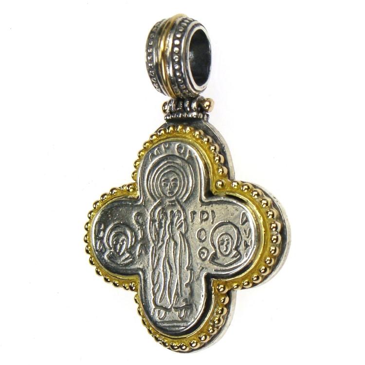 Gold Border Mother Mary Rounded Greek Cross - 18k Gold & Sterling Silver - Orthodox Cross Necklace