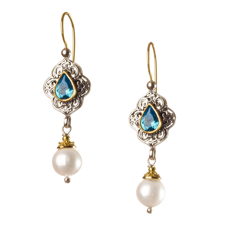 TearDrop Topaz Pearl Drop Chandelier Earrings - 18k Gold and Sterling Silver Earrings