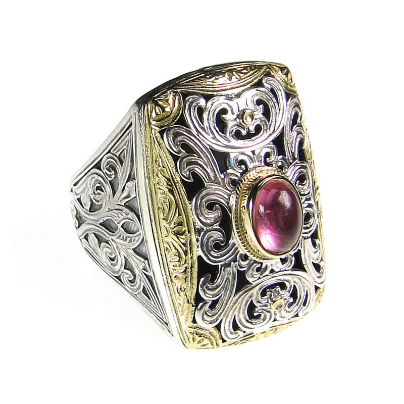 Gold Border Oval Cabochon Stone Ring - 18k Gold & Sterling Silver Ring - Cocktail Ring