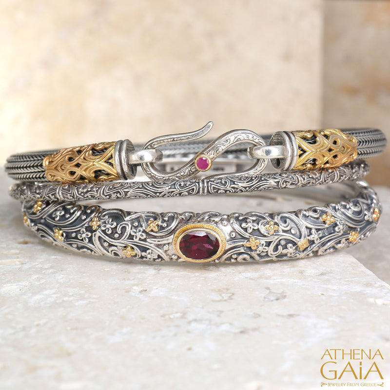 Large Stone Meadow Breeze Bracelet - 18k Gold and Sterling Silver - Hinged Bangle Bracelet