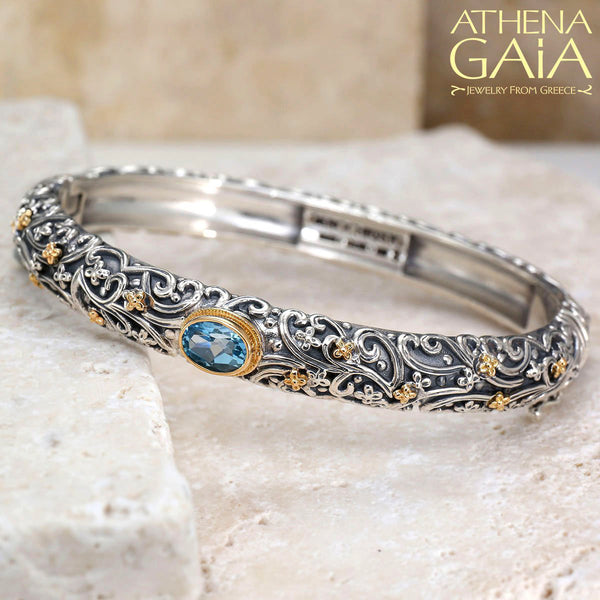 Meadow Breeze Large Stone Bracelet - 18k Gold & Sterling Silver - Hinged Bangle Bracelet
