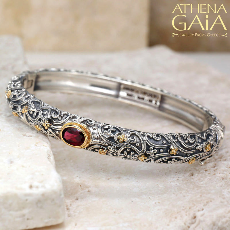 Large Stone Meadow Breeze Bracelet - 18k Gold and Sterling Silver - Hinged Bangle Bracelet