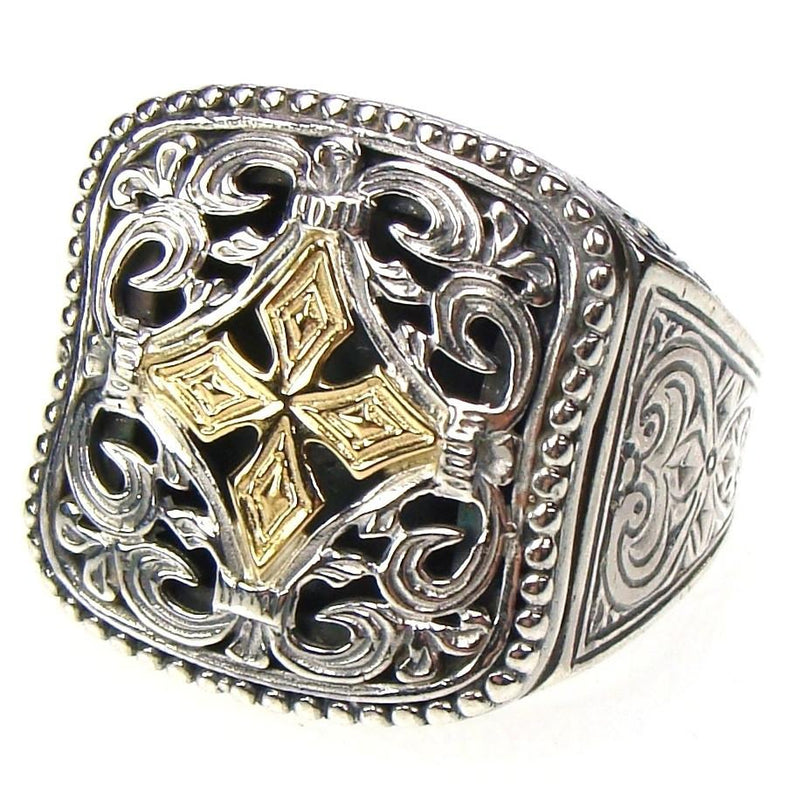 Gold Star Filigree Etched Ring - 18k Gold & Sterling Silver Ring - Signet Ring