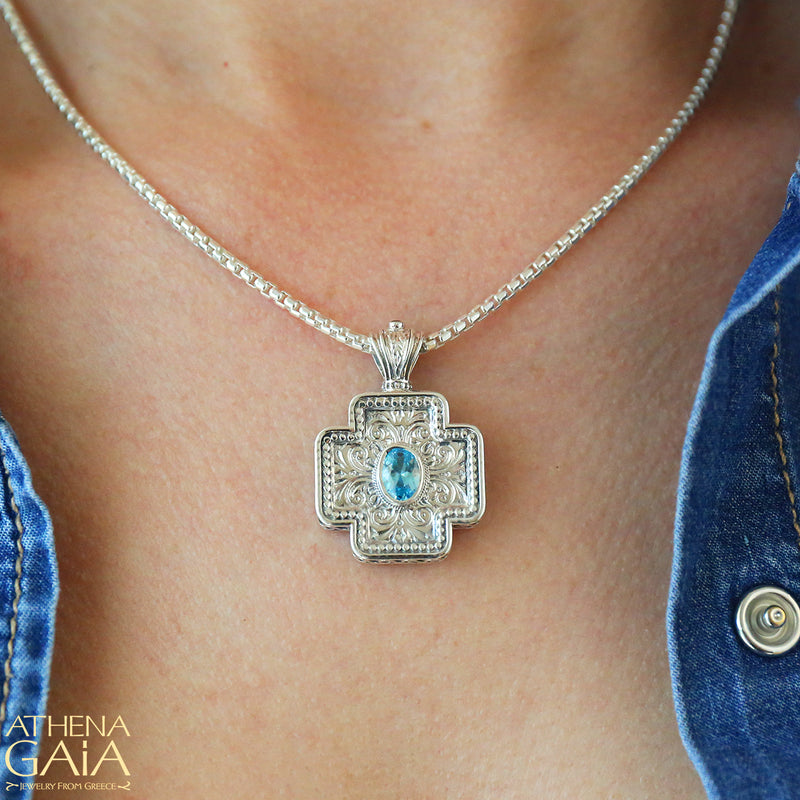 Squared Greek Cross - Sterling Silver with Center Stone - Orthodox Cross Necklace