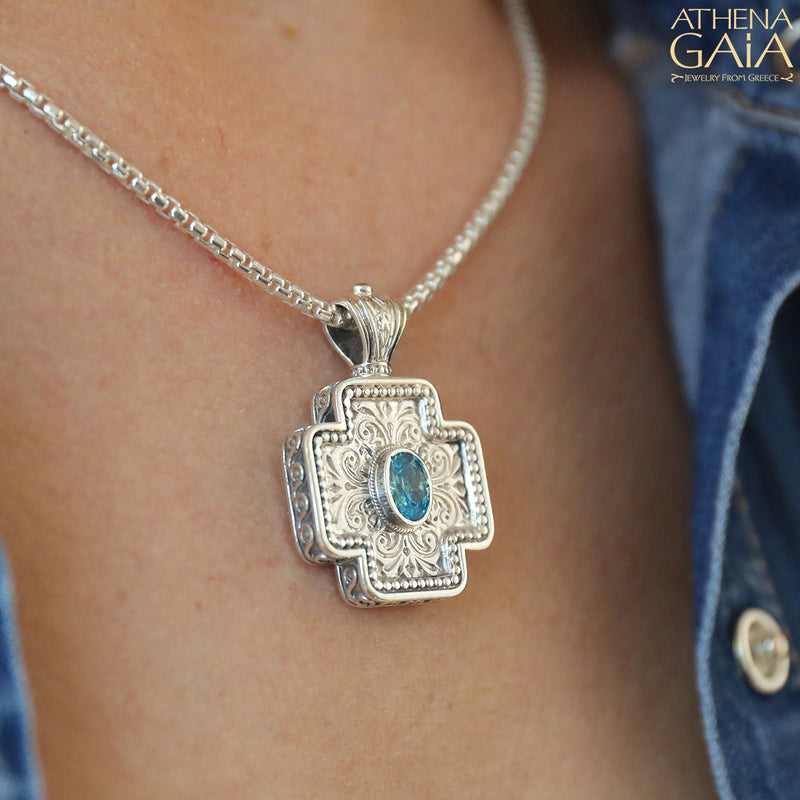 Squared Greek Cross - Sterling Silver with Center Stone - Orthodox Cross Necklace