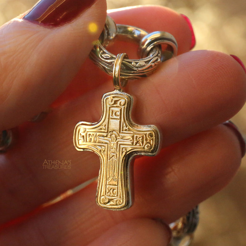 ICXC Crucifix Latin Cross - 18k Gold and Sterling Silver - Cross Necklace