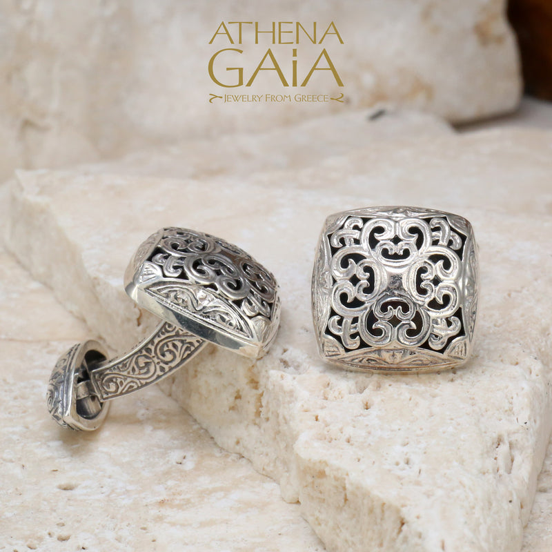 Garden Shadows Square Medieval Sterling Silver Cufflinks