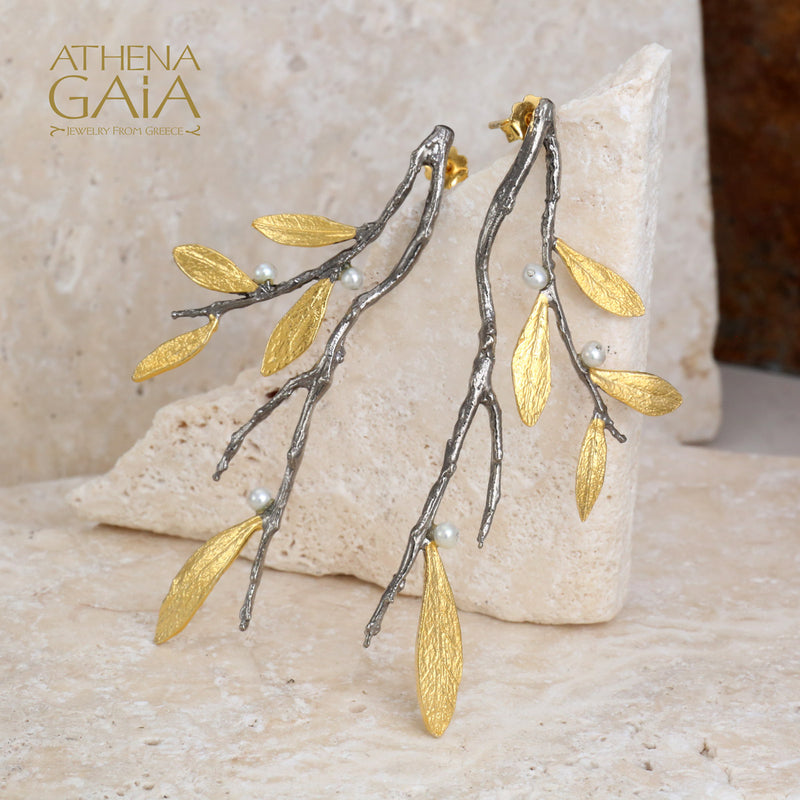 Pearl Olive Long Drop Twig Earrings - Gold Plated Sterling Silver Earrings
