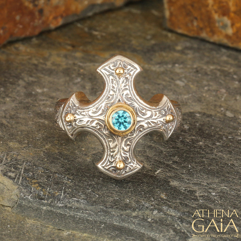 Gold Point Stone Cross Ring - Sterling Silver Ring - Signet Ring