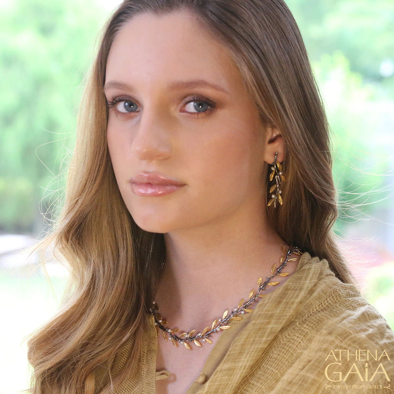 Pearl Olive Long Twig Earrings - Gold Plated Sterling Silver Earrings