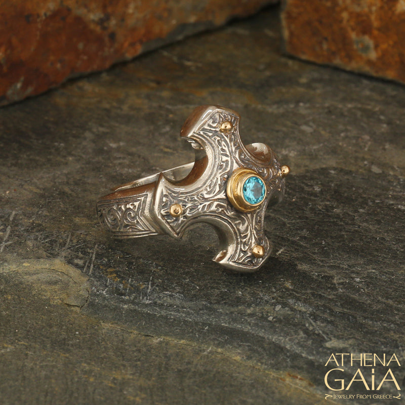 Gold Point Stone Cross Ring - Sterling Silver Ring - Signet Ring