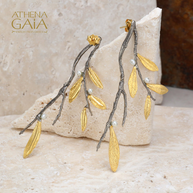 Pearl Olive Long Drop Twig Earrings - Gold Plated Sterling Silver Earrings