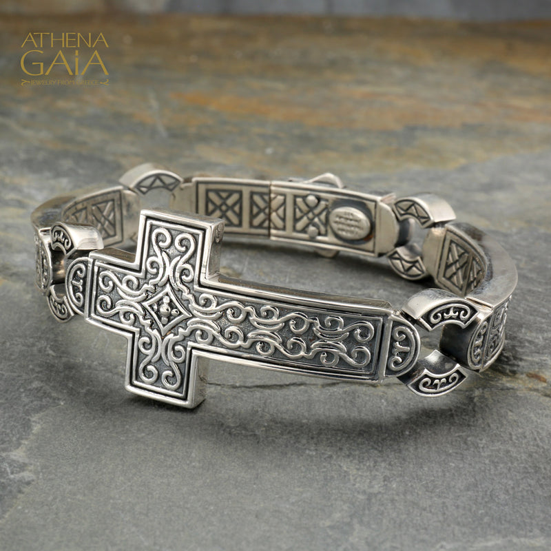 Heavy Silver Side Cross Bracelet - Sterling Silver Bracelet - Hinge Bracelet