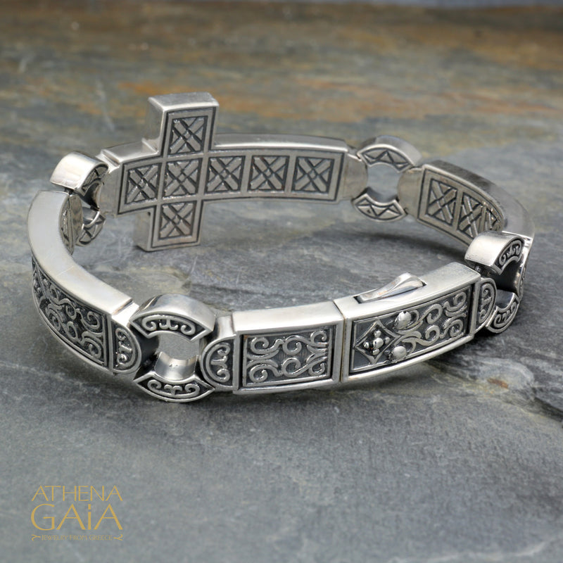 Heavy Silver Side Cross Bracelet - Sterling Silver Bracelet - Hinge Bracelet