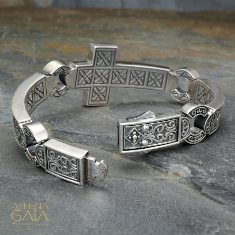 Heavy Silver Side Cross Bracelet - Sterling Silver Bracelet - Hinge Bracelet