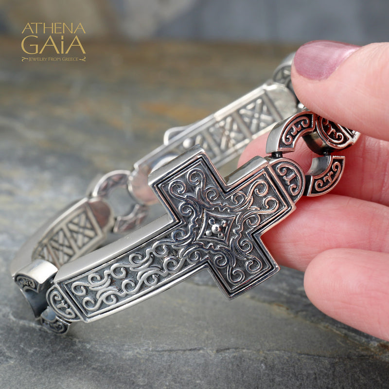 Heavy Silver Side Cross Bracelet - Sterling Silver Bracelet - Hinge Bracelet