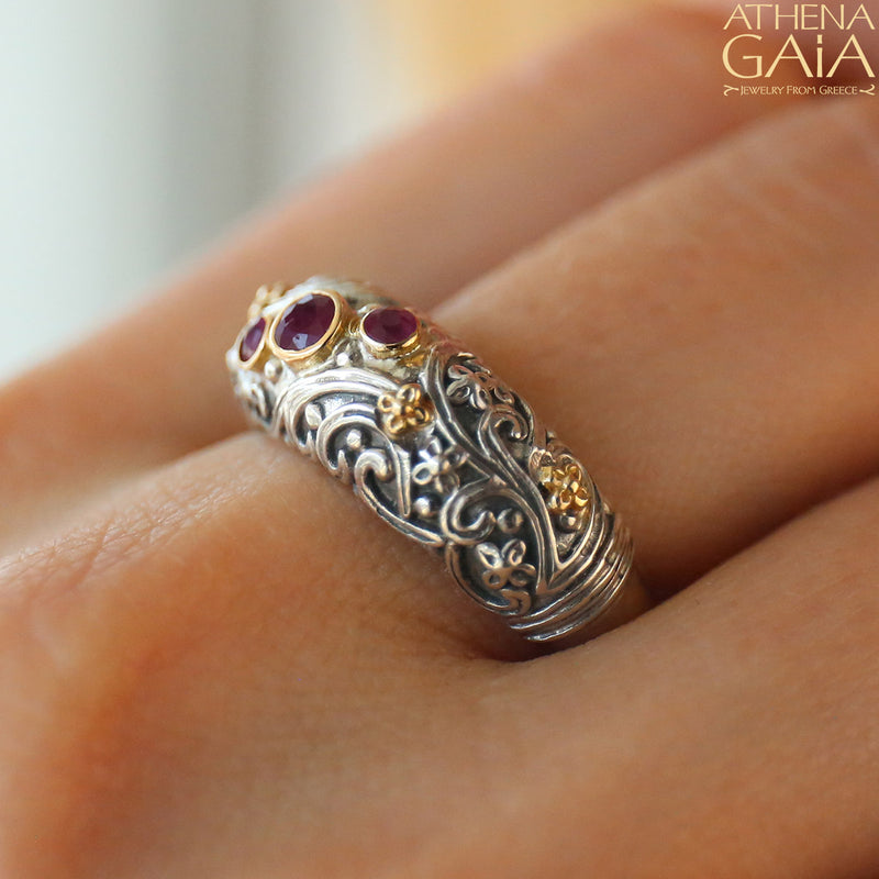 Meadow Breeze Stone Path Floral Band Ring - 18k Gold & Sterling Silver Ring - Stackable Ring