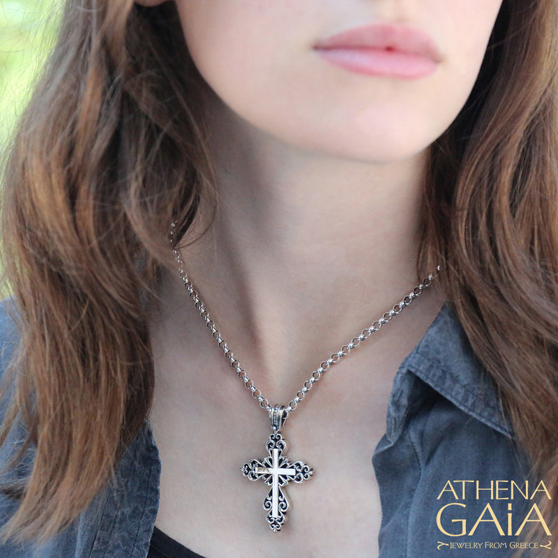 Western Waves Cross - Sterling Silver - Orthodox Cross Necklace