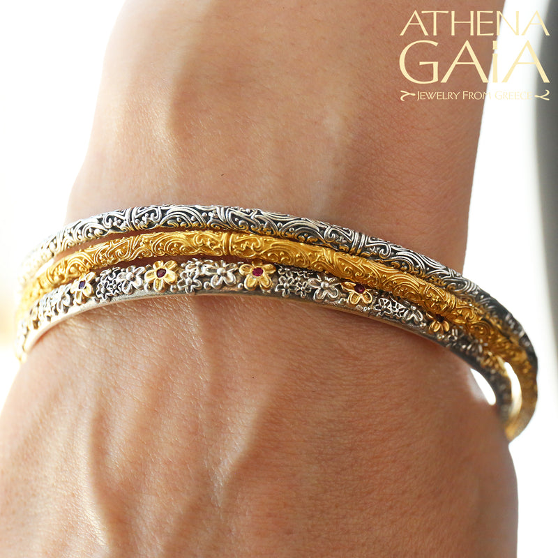 Wild Flowers Stone Bracelet - 18k Gold and Sterling Silver - Solid Bangle Bracelet